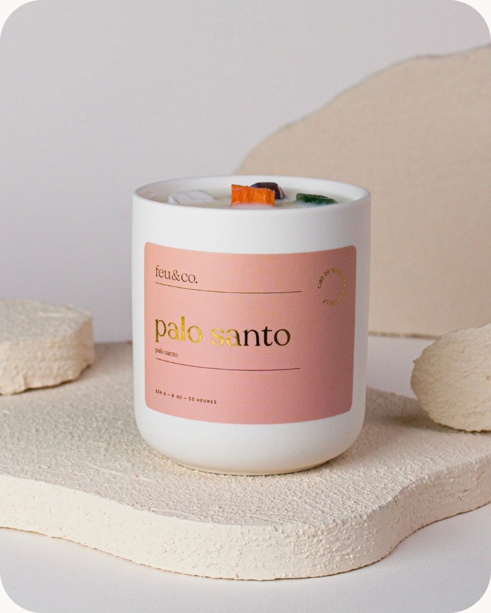 Bougie Palo Santo — Feu & Co. | Cire de Soya avec Pierres Semi-Précieuses 226g