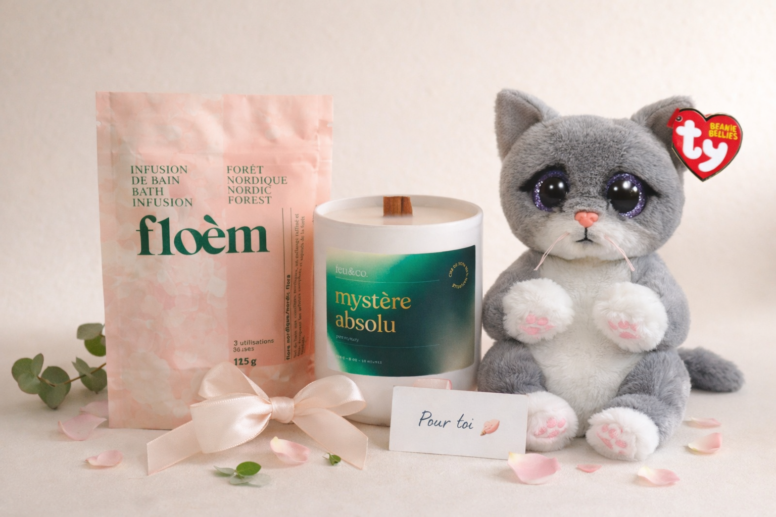 Coffret cadeau avec bougie Mystère Absolu, infusion de bain floèm et peluche TY